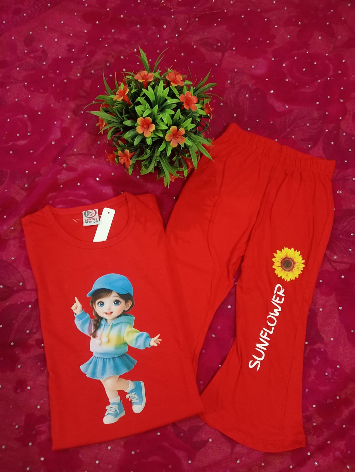 Sunflower Girl Cartoon Printed Girls Nightwear Set